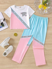 Girls Colorblock Short Sleeve Sports Tee & Shorts Set