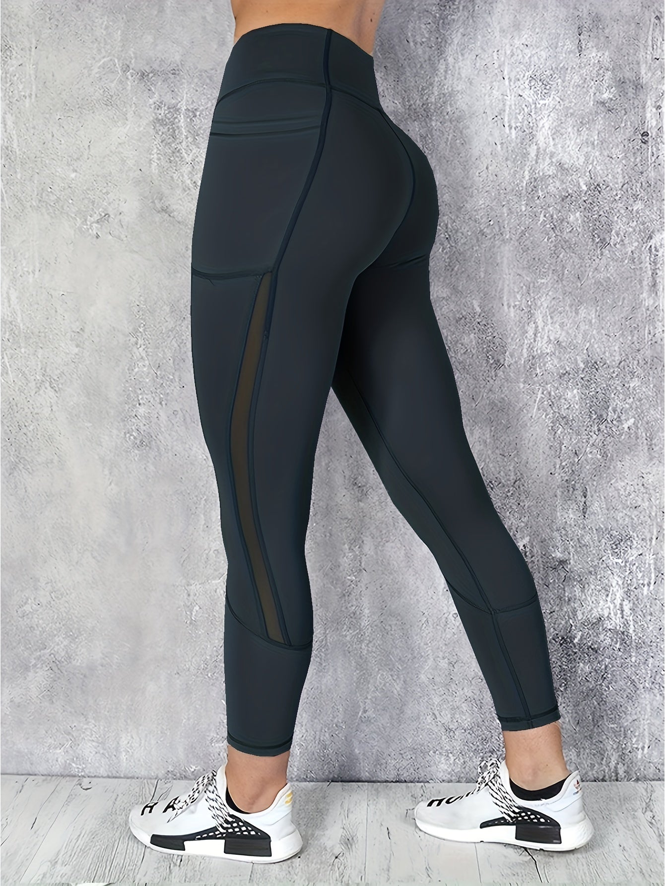 Sports Leggings Women's Plus Solid Pipping Contrast Mesh High Rise