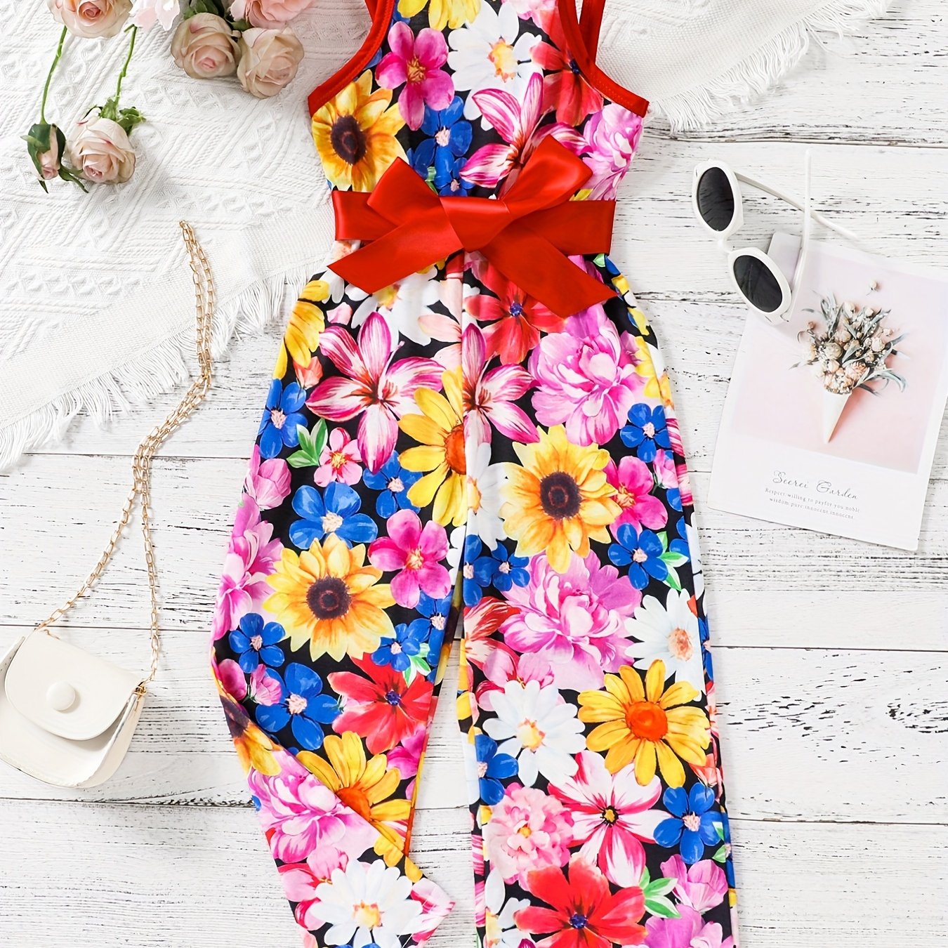 Toddler Girls Flowers Graphic Belted Cami Rompers Wide Leg Jumpsuits