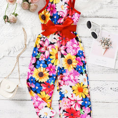Toddler Girls Flowers Graphic Belted Cami Rompers Wide Leg Jumpsuits