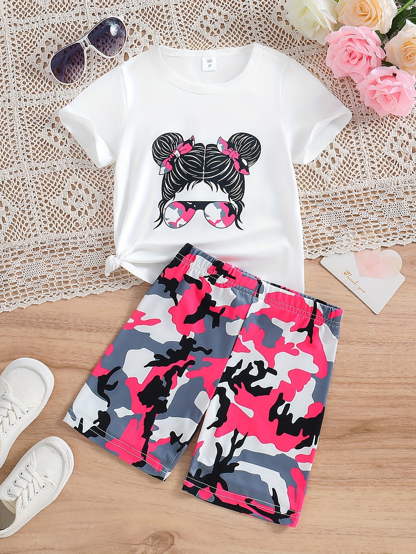 Girls Pink Camo Portrait Graphic Tee & Bike Shorts Set