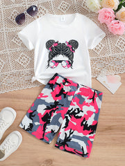 Girls Pink Camo Portrait Graphic Tee & Bike Shorts Set