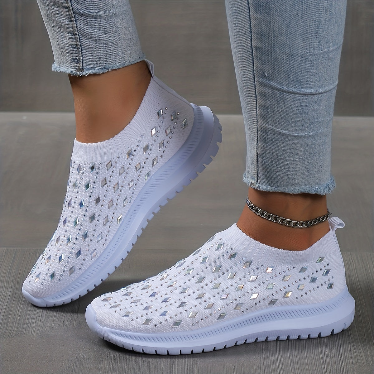 Women's Rhinestone Knit Slip-On Sock Shoes