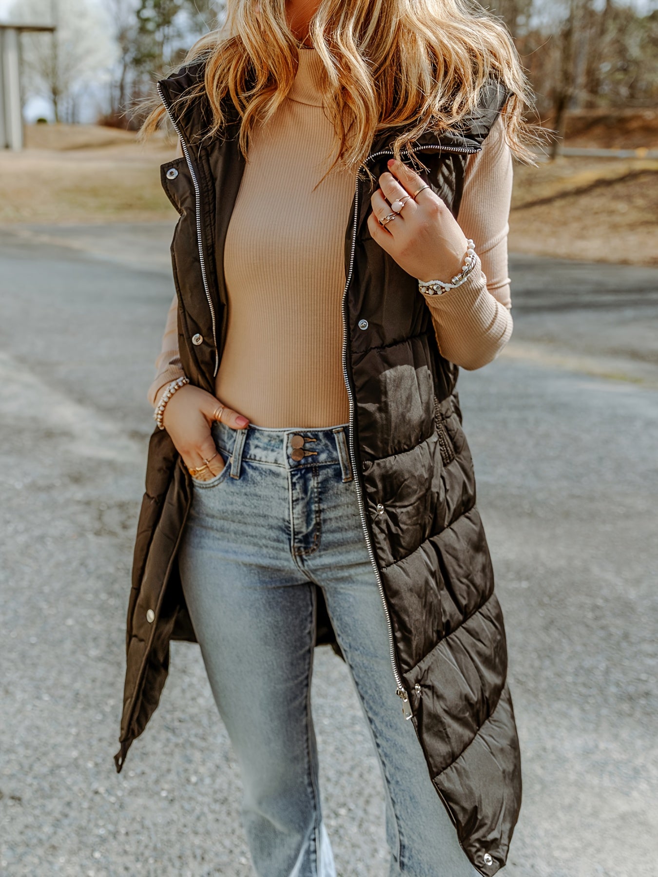 Sleeveless Hooded Puffer Long Vest Jacket Women's Clothing