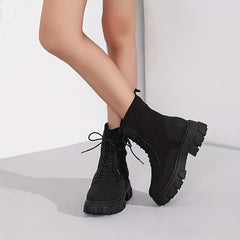 Women's Lace Up Combat Boots Solid Round Toe Platform Slim Elastic Shoes
