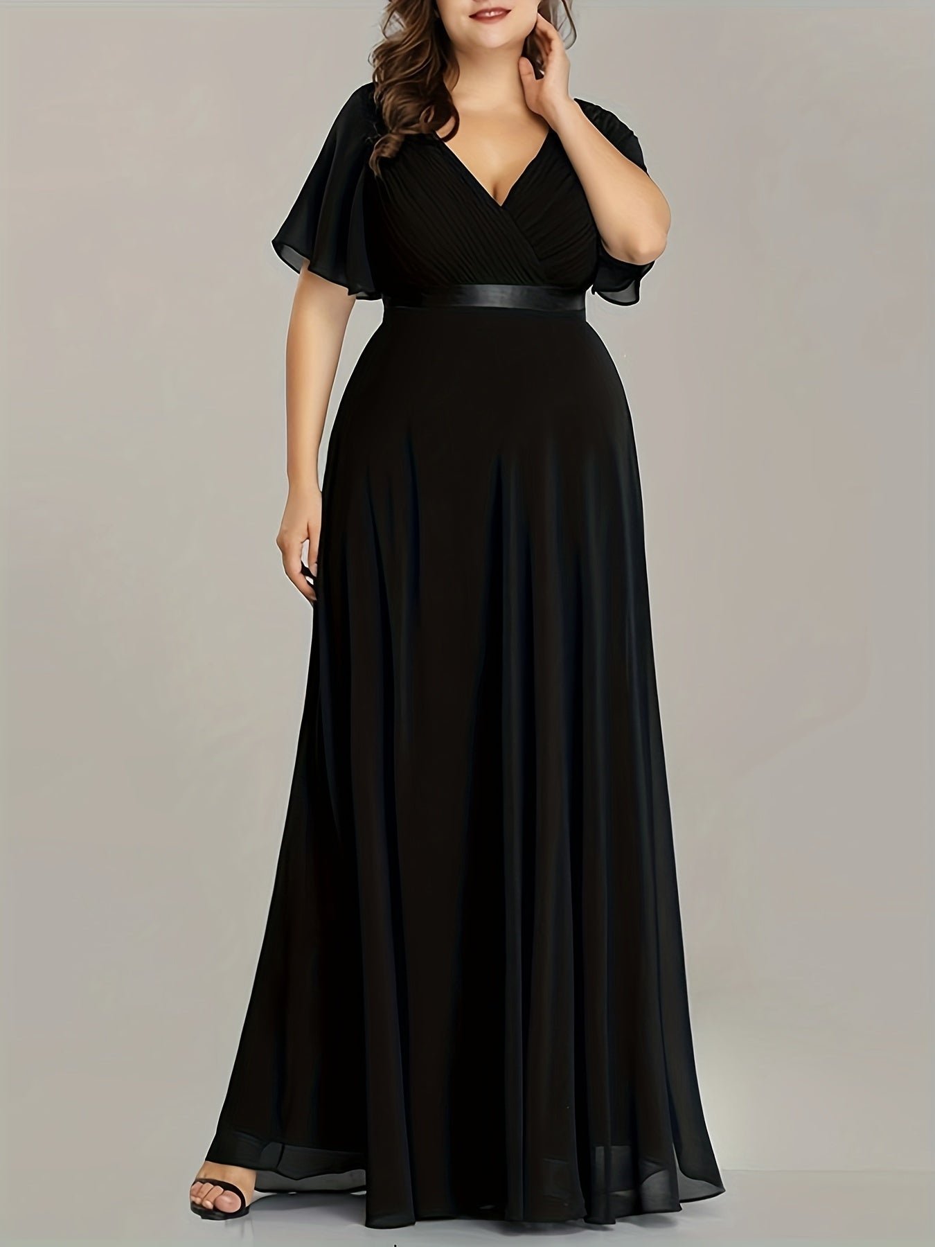 Solid Ruffle Sleeve Maxi Formal Evening Dress