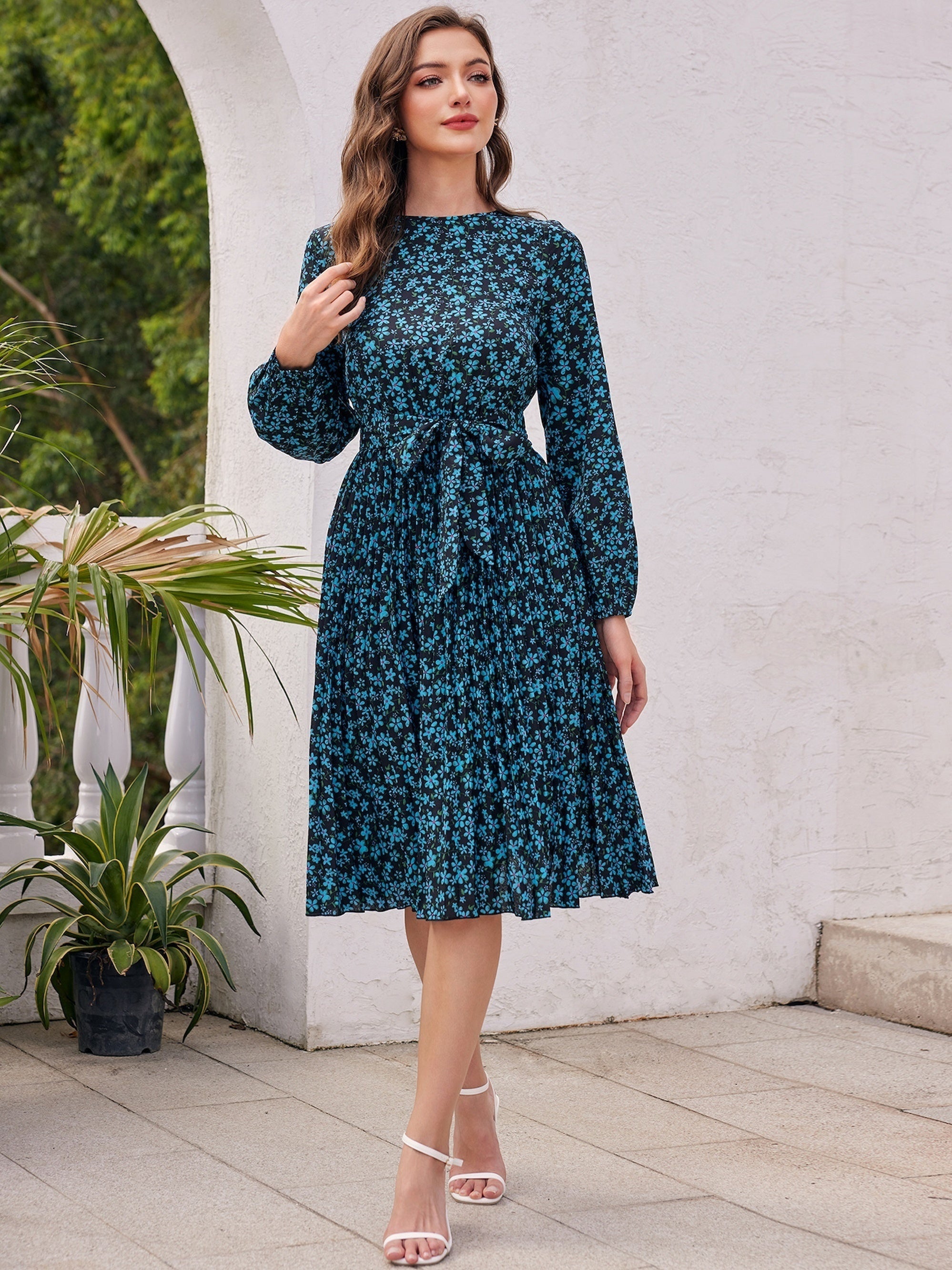 Floral Print Dress Pleated Lantern Long Sleeve Dress