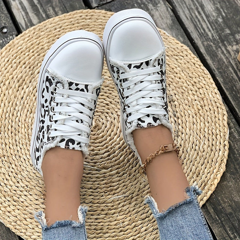 Leopard Print Canvas Sneakers Women Casual Lace Up Low Top Shoes