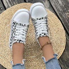 Leopard Print Canvas Sneakers Women Casual Lace Up Low Top Shoes