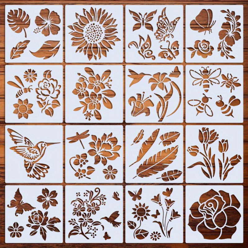16pcs Reusable Floral Stencils Sunflower Bee Butterfly Painting Stencils