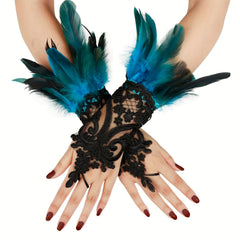 Gothic Rhinestone Feather Gloves Lace Cuff Wristband Cosplay Wedding Halloween