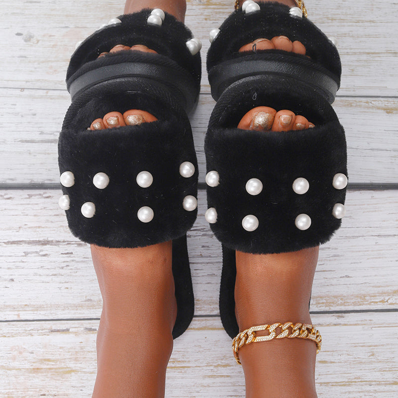Fuzzy Bedroom Slippers Ladies Shoes with Faux Pearl Decor