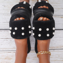 Fuzzy Bedroom Slippers Ladies Shoes with Faux Pearl Decor