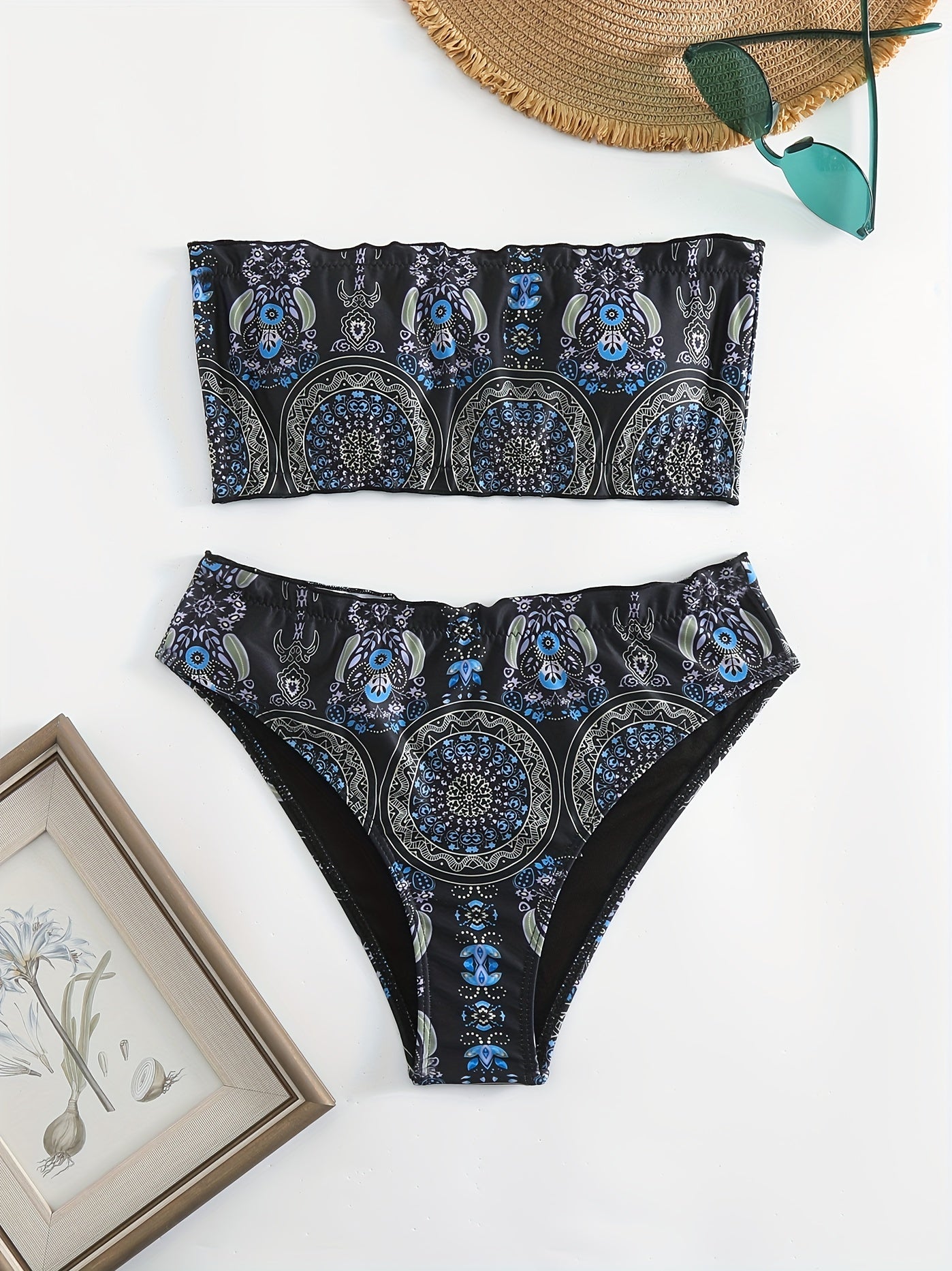 Geometric Pattern Bandeau Bikini 2 Piece Set Tube Top Tie Back