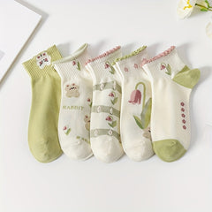 5 Pairs Girls Floral Ankle Socks for Kids Toddlers