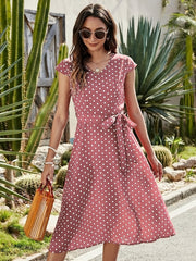 Polka Dot Print Dress Casual V Neck Short Sleeve Midi Dress