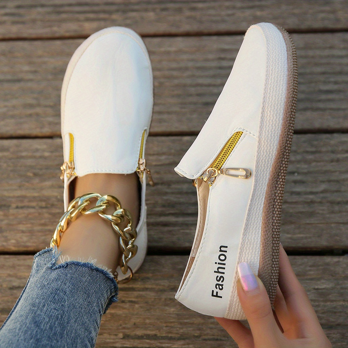 Women's Zipper Detail Canvas Shoes Espadrille Sole Slip On Flat Shoes