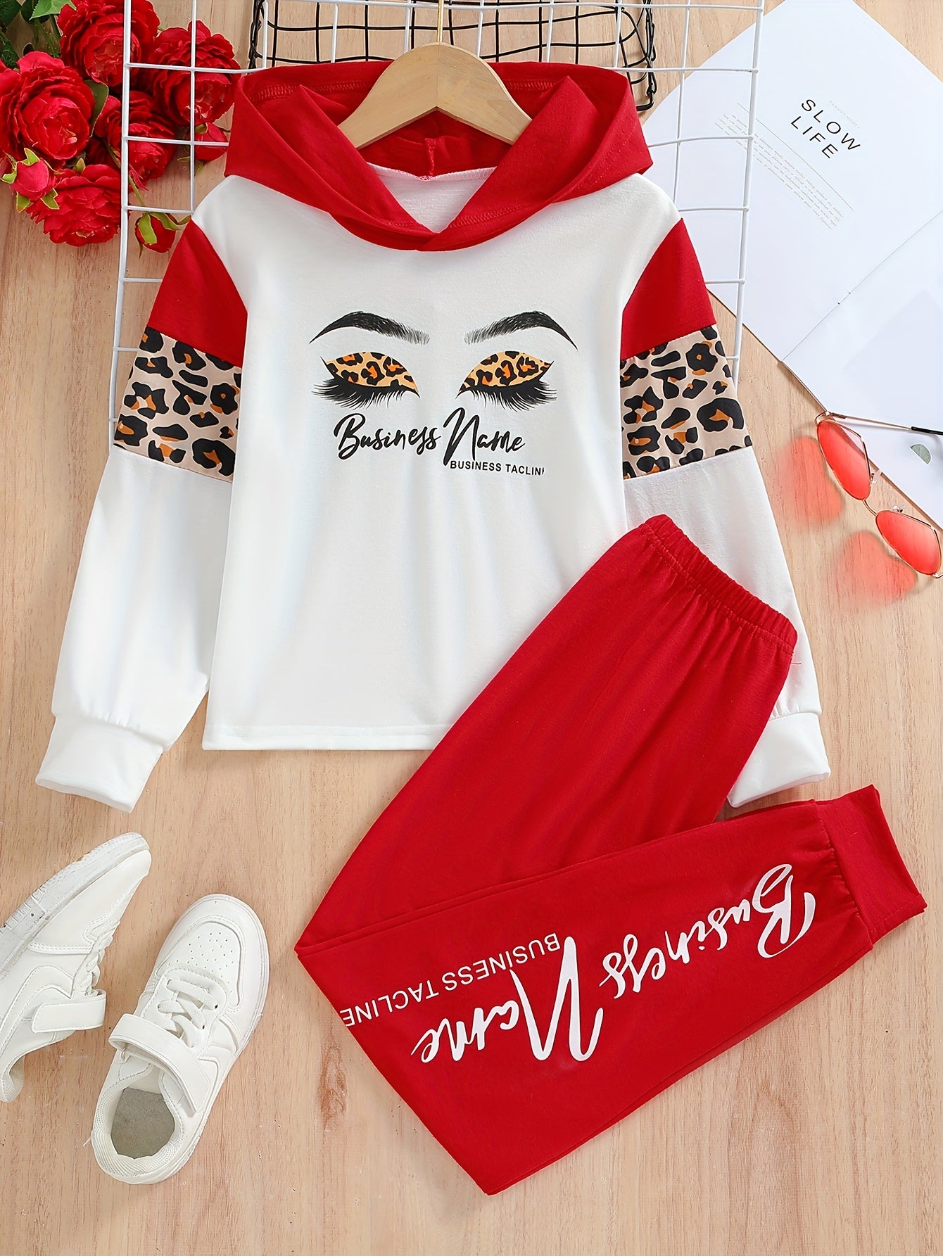 Girls Leopard Print Eyelashes Hoodie & Trousers Set