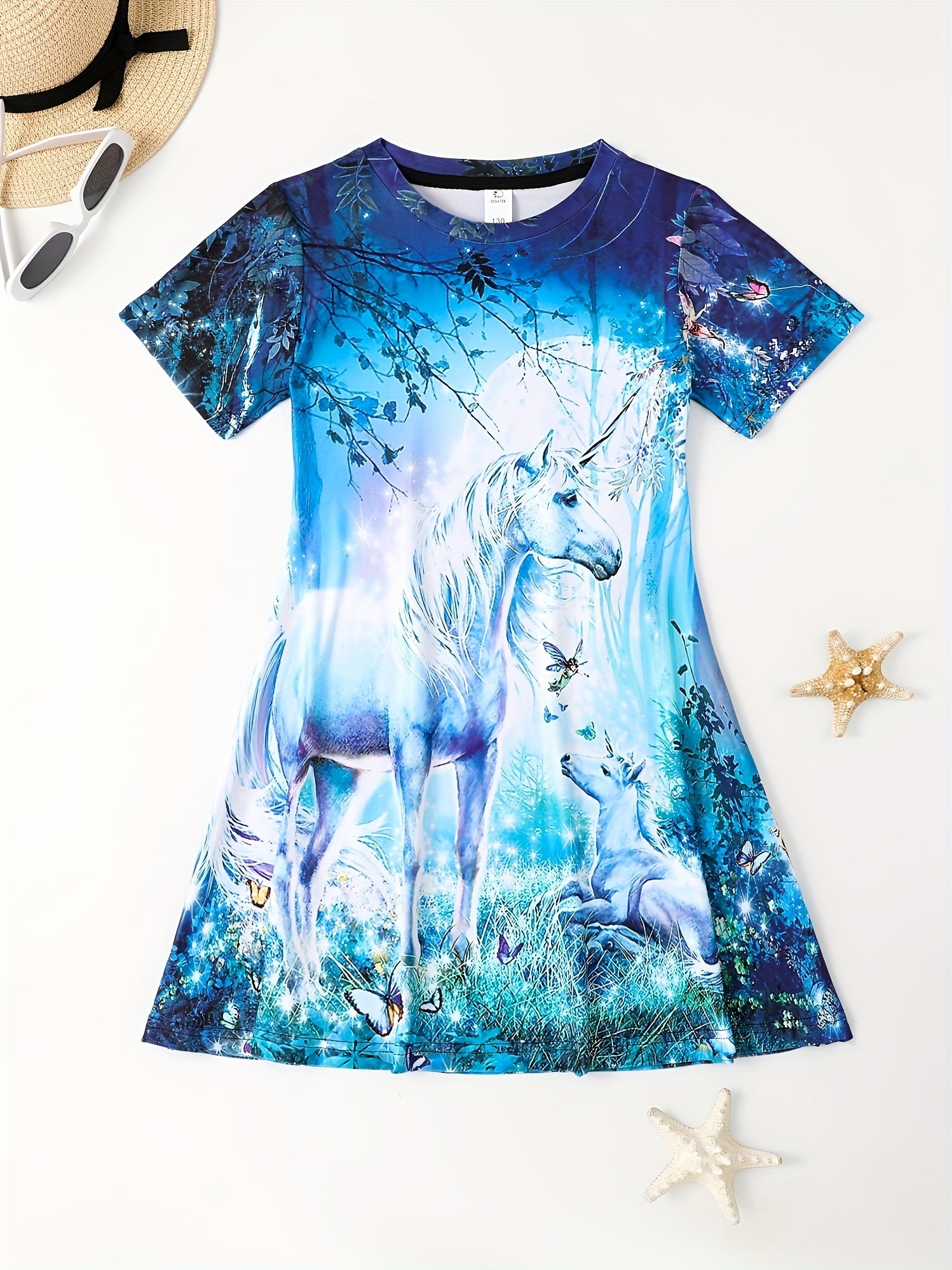 3D Unicorn In Magic Forest Pattern Short Sleeve Dress Girls Comfy Dresses