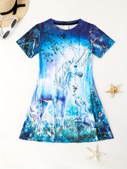 3D Unicorn In Magic Forest Pattern Short Sleeve Dress Girls Comfy Dresses