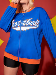 Colorblock Letter Print Zipper Sports Coat Plus Size