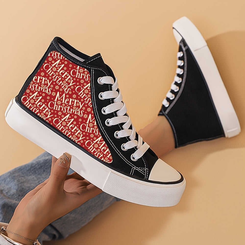 Christmas Print Chunky Canvas Sneakers High Top Classic Skate Shoes