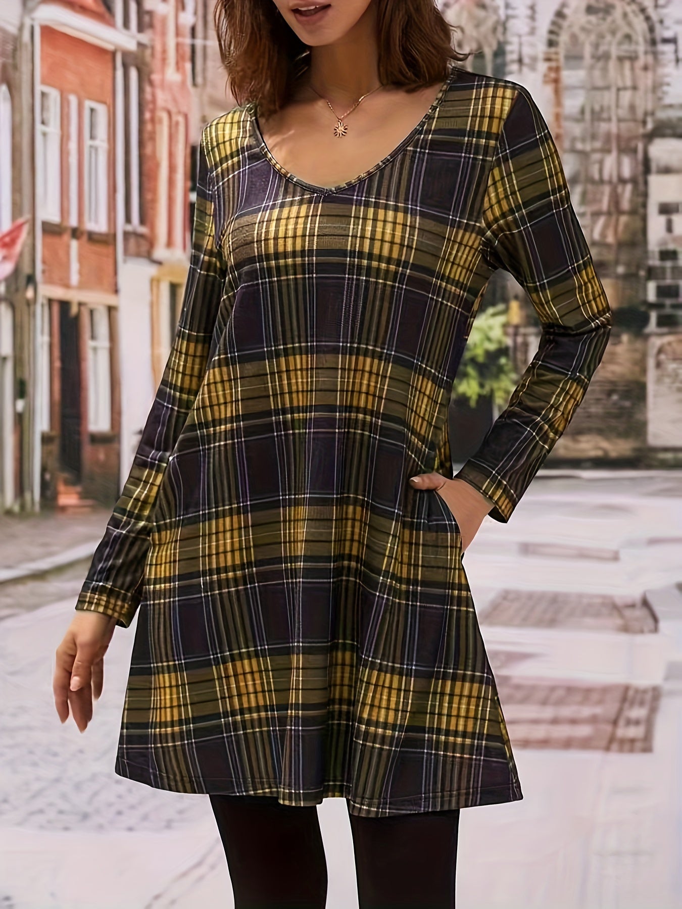 Women's Plus Plaid Print Long Sleeve V Neck Tee Dress With Pockets