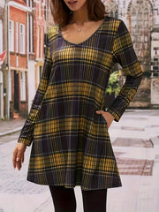 Women's Plus Plaid Print Long Sleeve V Neck Tee Dress With Pockets
