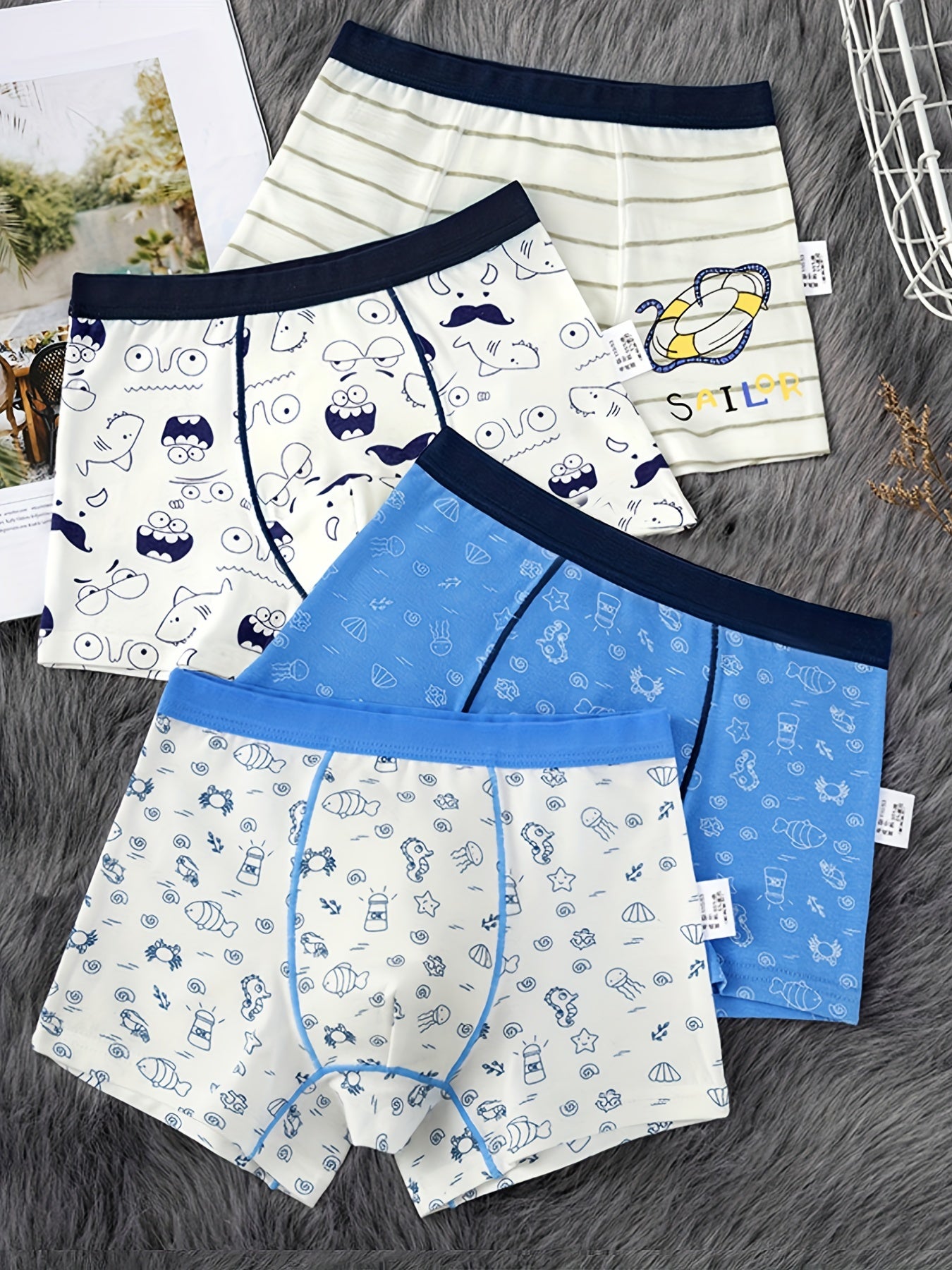 4pcs Boys Boxer Briefs Cotton Breathable Kids Panties Cartoon Striped Underwear