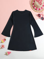Dreamy Kitty Graphic Crew Neck Long Sleeve Dress Girls Spring Fall