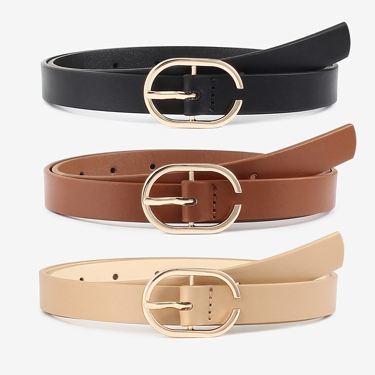 3pcs Oval Buckle Belt Classic PU Leather Solid Belt Retro Pants Decoration