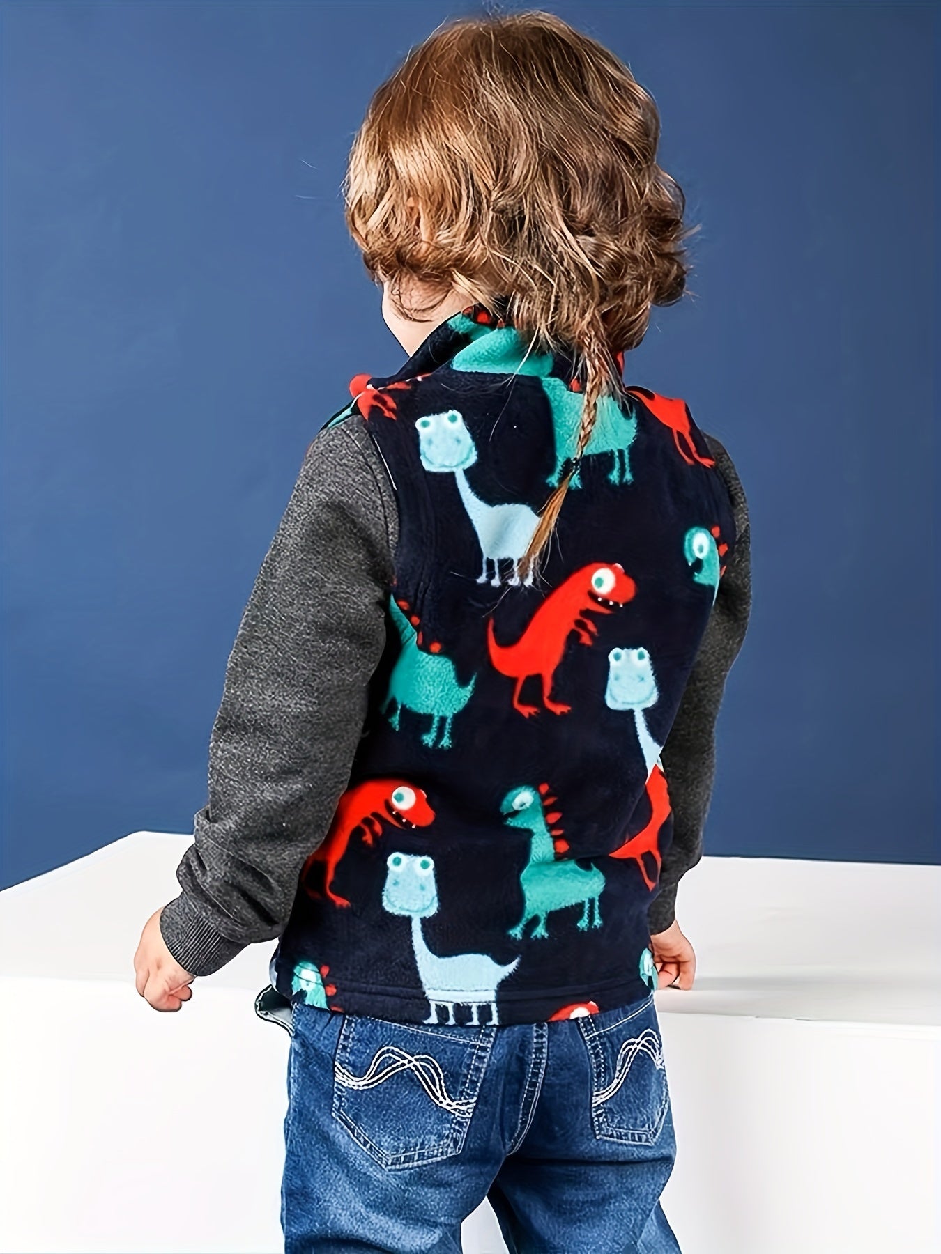 Boys Dino Pattern Fleece Vest Warm Top