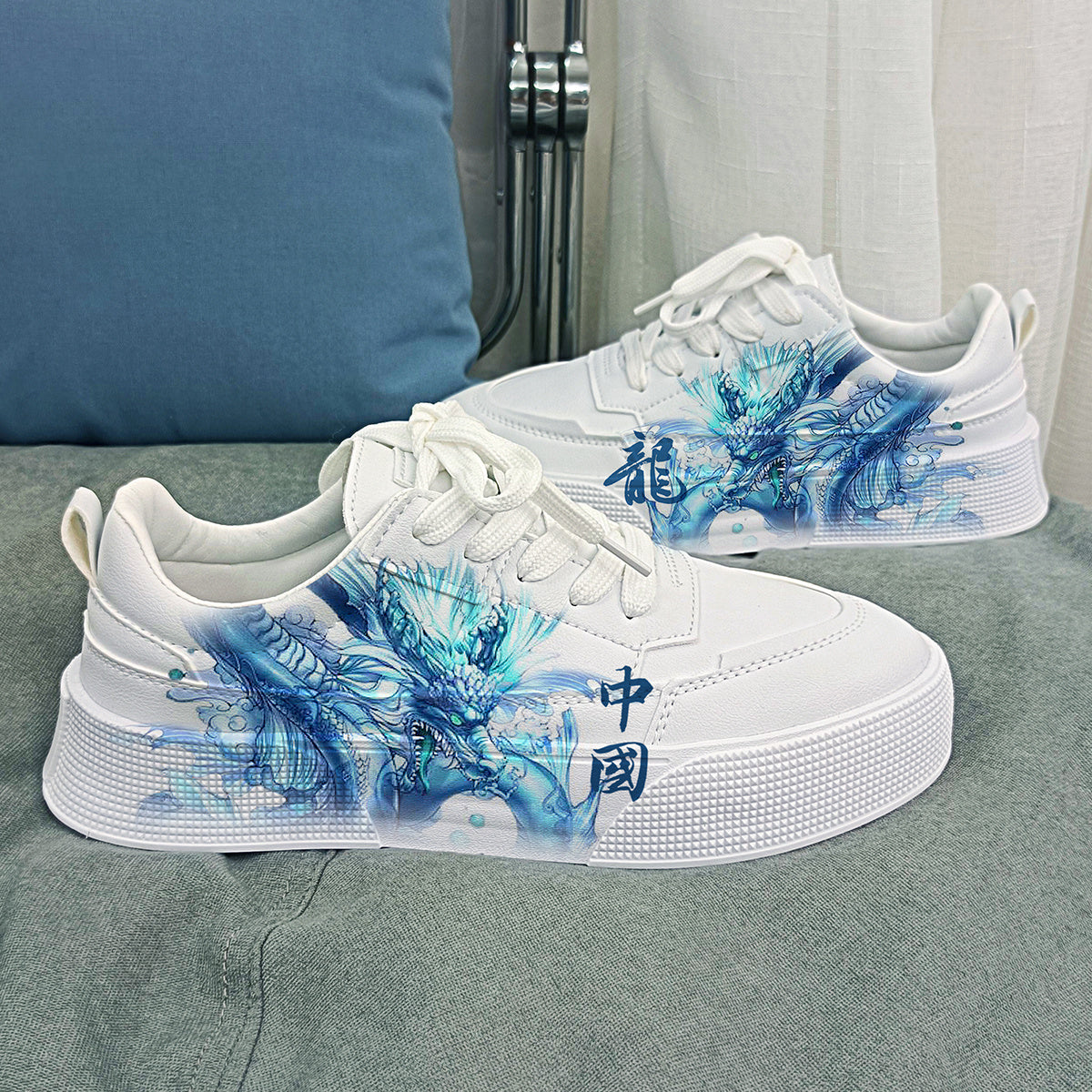 Men's Dragon Print Platform Sneakers Lace-up Skate Shoes