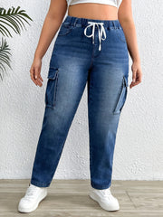 High Stretch Cargo Jeans Elastic Waist Plus Drawstring Retro