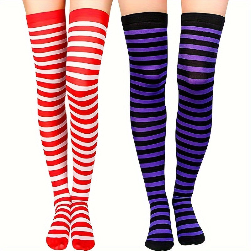 Red&Purple Striped Knee High Socks Christmas Party Long Socks