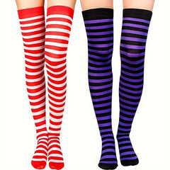 Red&Purple Striped Knee High Socks Christmas Party Long Socks