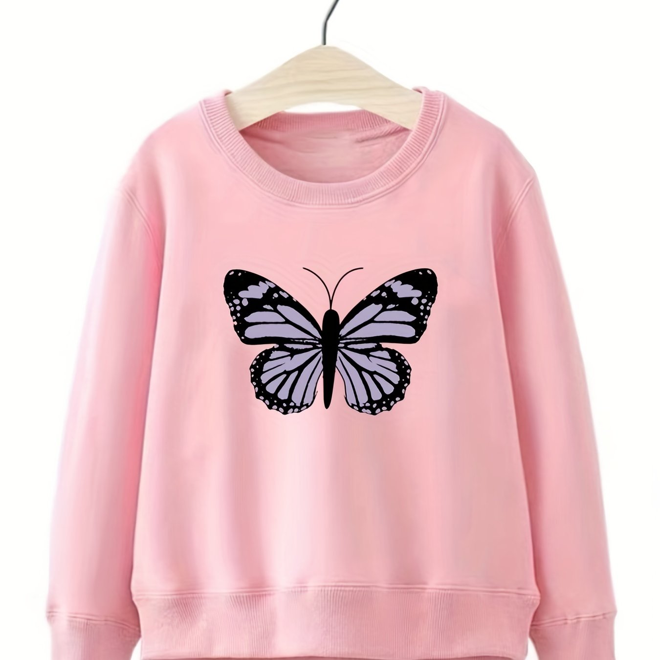 Girls Butterfly Print Crew Neck Sweatshirt Youth Teen Kids Spring Fall Clothing