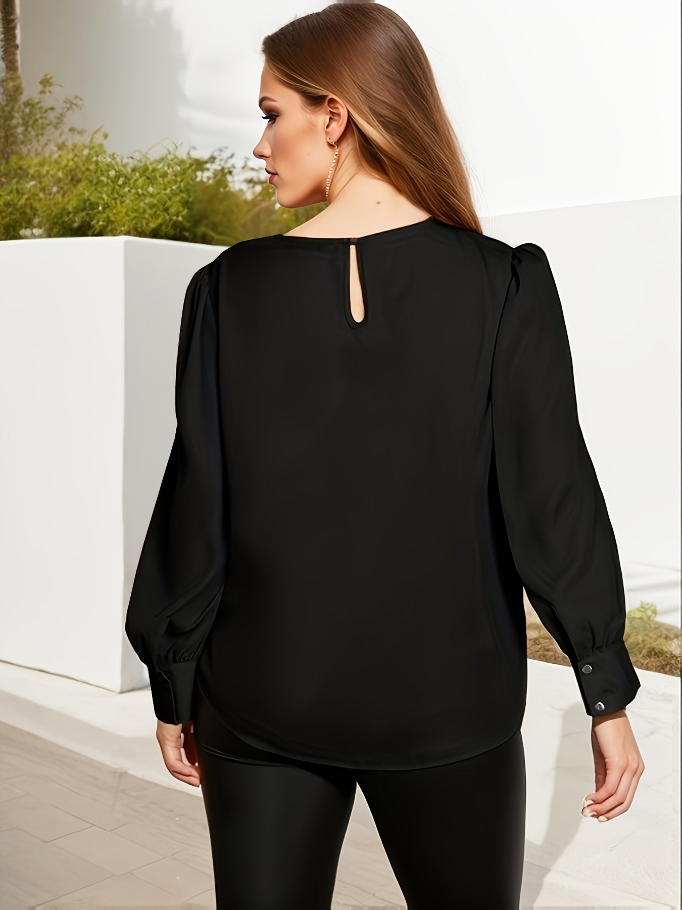 Blouse Women's Keyhole Puff Sleeve Round Neck Shirt Top