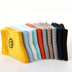 10 Pairs Smiling Face Kids Striped Crew Socks