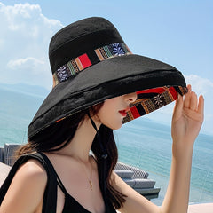 Vintage Boho Reversible Sun Hat Wide Brim UV Protection Summer Bucket Hat