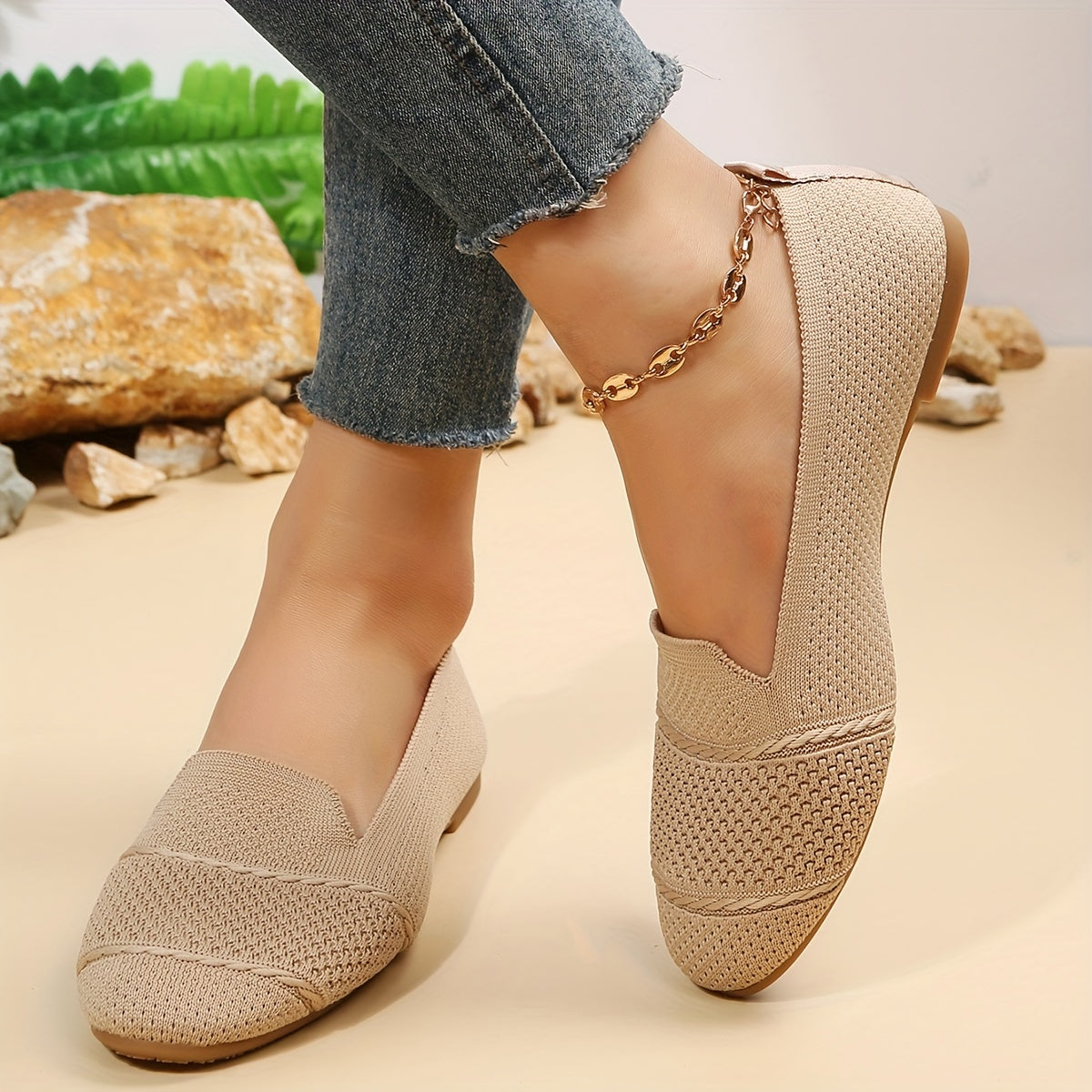 Women's Knitted Ballet Flats Soft Sole Slip On Shoes Almond Toe