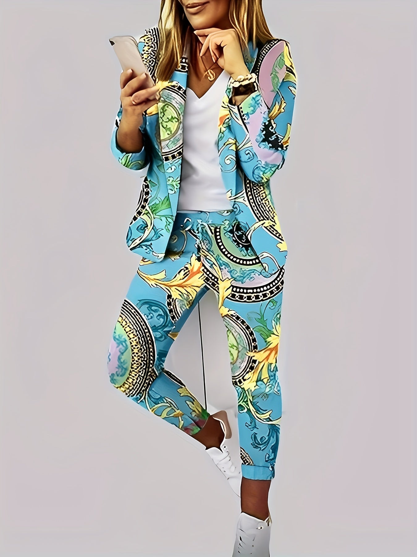 Allover Print Blazer & Pants Set for Women