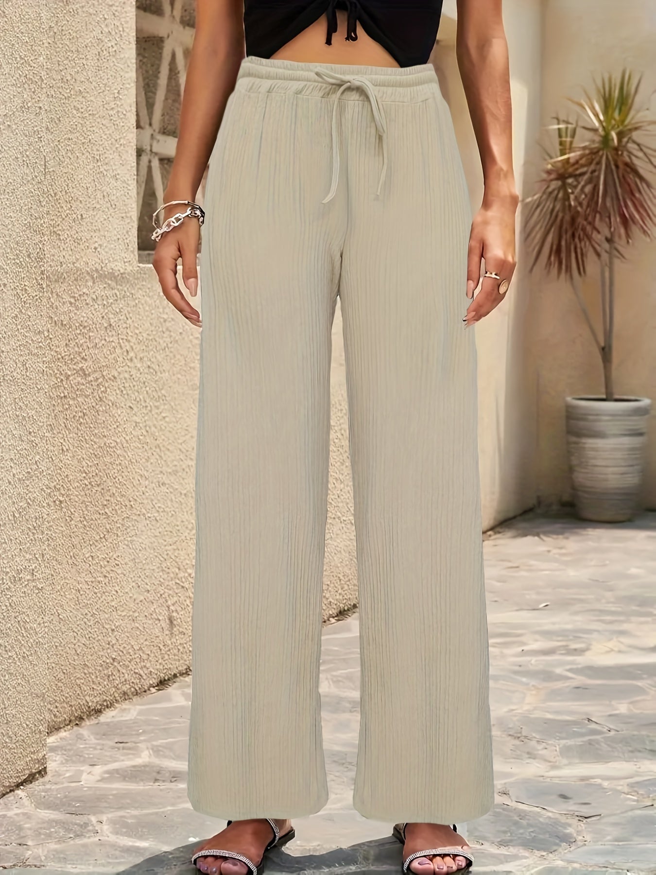 Solid Textured Wide Leg Pants Drawstring Waist Casual