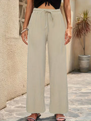 Solid Textured Wide Leg Pants Drawstring Waist Casual