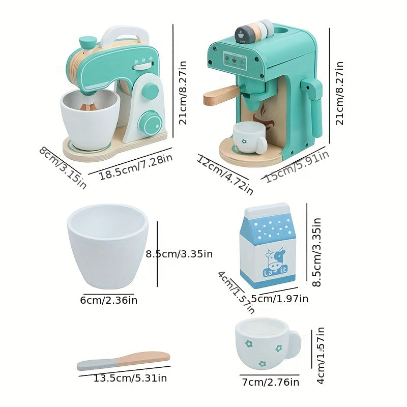 Wooden Kids Kitchen Play Accessories Toy Set Coffee Maker Blender Pretend Play