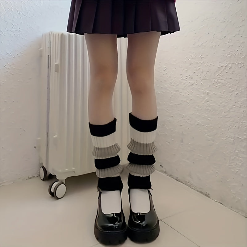 Striped Knitted Leg Warmers Colorblock Knee High Socks