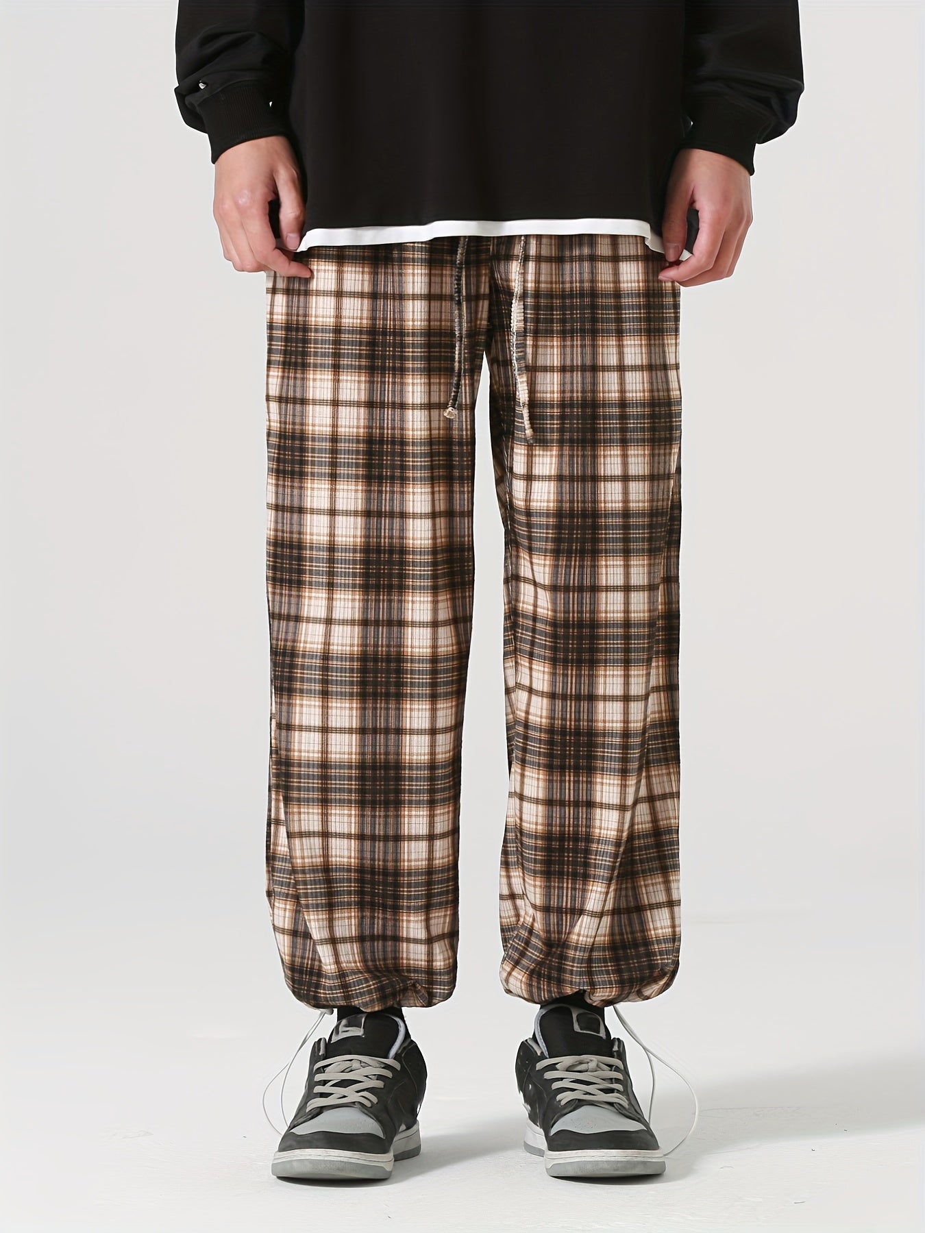 Men's Plaid Drawstring Pants Loose Casual Joggers