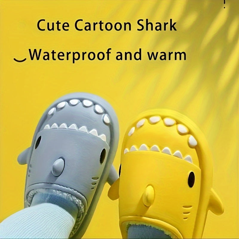 Boy's Shark Plush Lined Slippers, Non Slip Indoor Slides