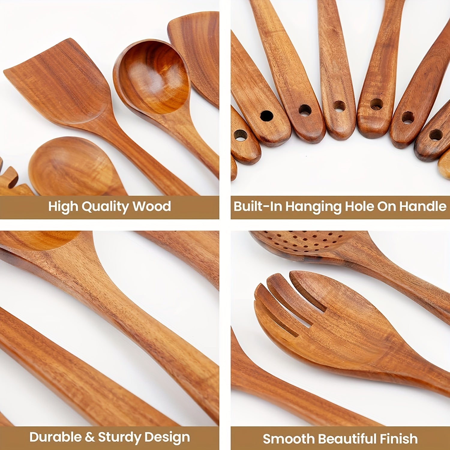 13pcs Teak Wood Kitchen Utensils Set with Spoon Rest Tong Whisk