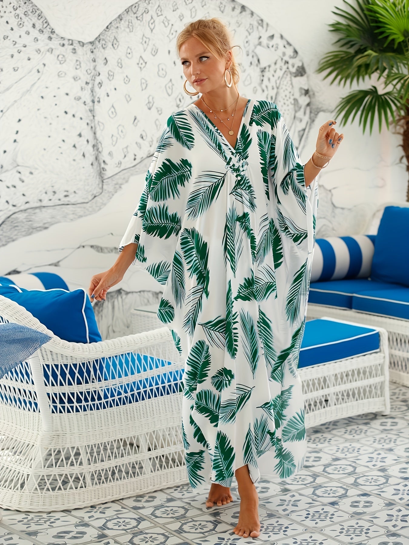 Tropical Print Maxi Kaftan Beach Dress V Neck Split Abaya Dress
